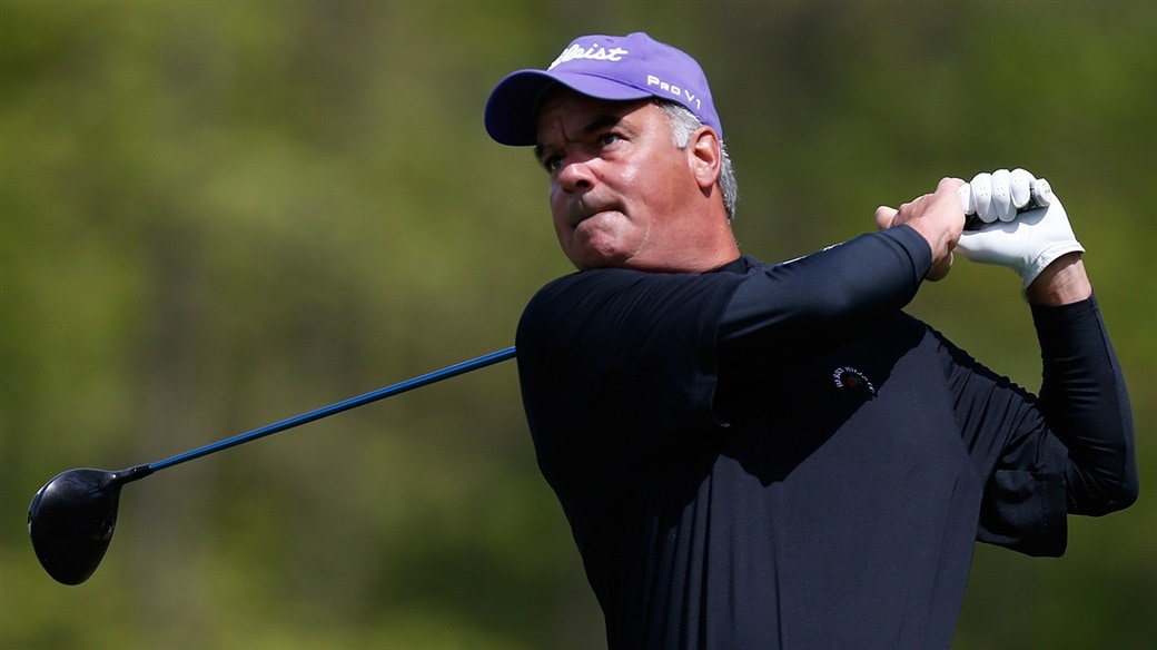 Titleist Staff Member Barry Evans tees off during action at the Senior PGA Championship