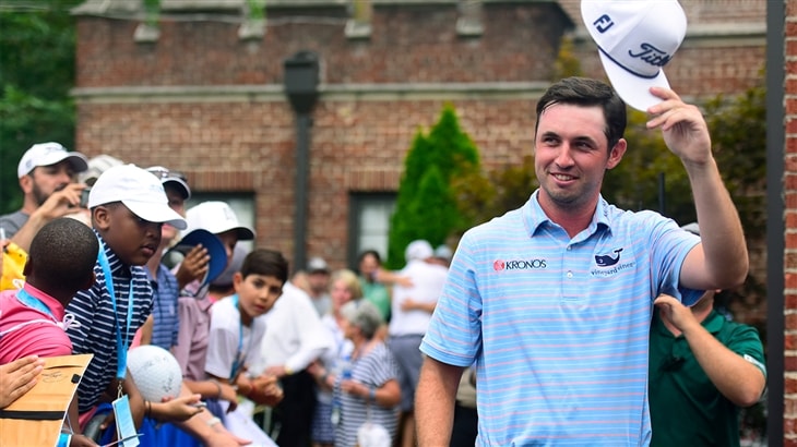 J.T. Poston tipping his Titleist cap at the Wyndham Championship.