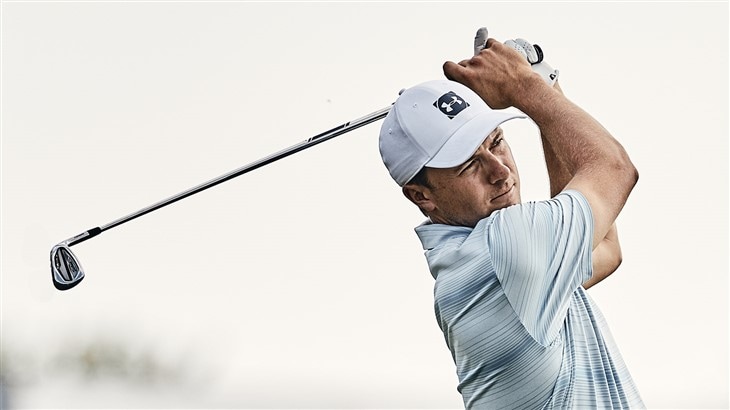 Jordan Spieth hits a New Titleist T100 8-iron during testing at Scioto Country Club